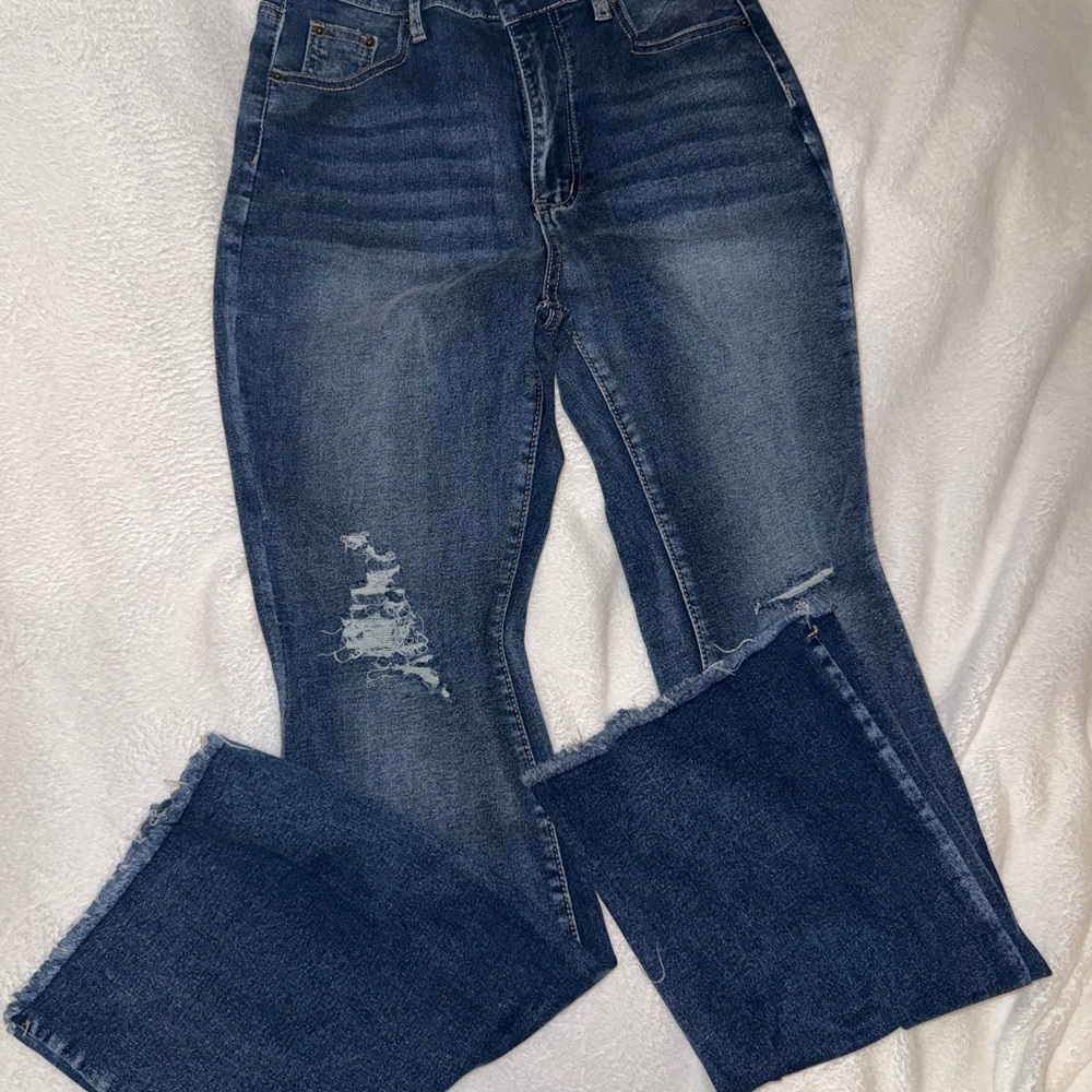 SHEIN Dark Blue Distressed Flare Jeans